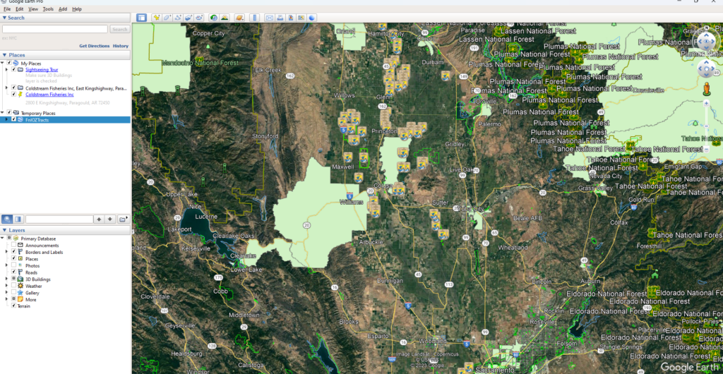 Google Earth view of wildlife management and national forest areas around Colusa